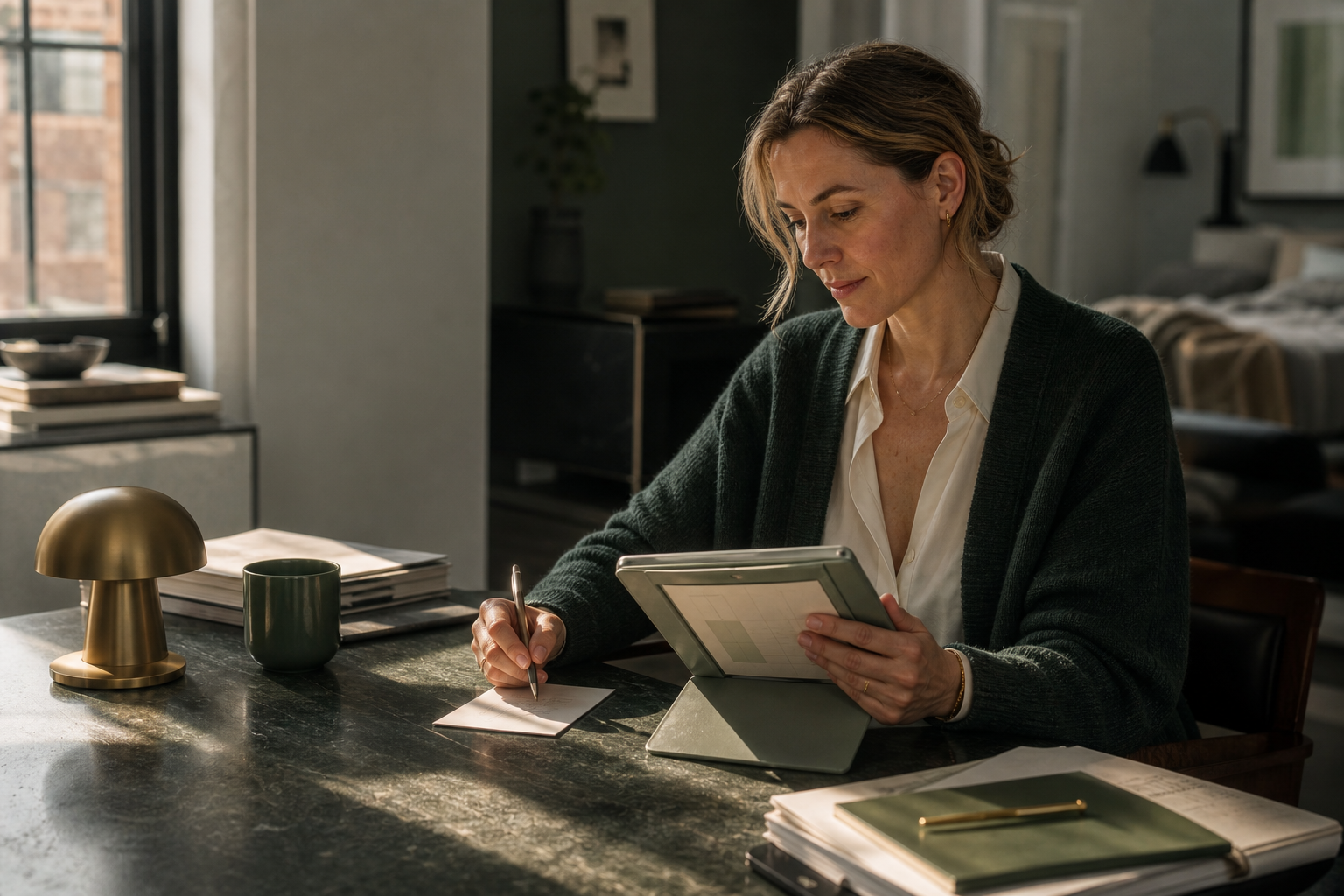 A founder using her private rhythm edition in a refined home office