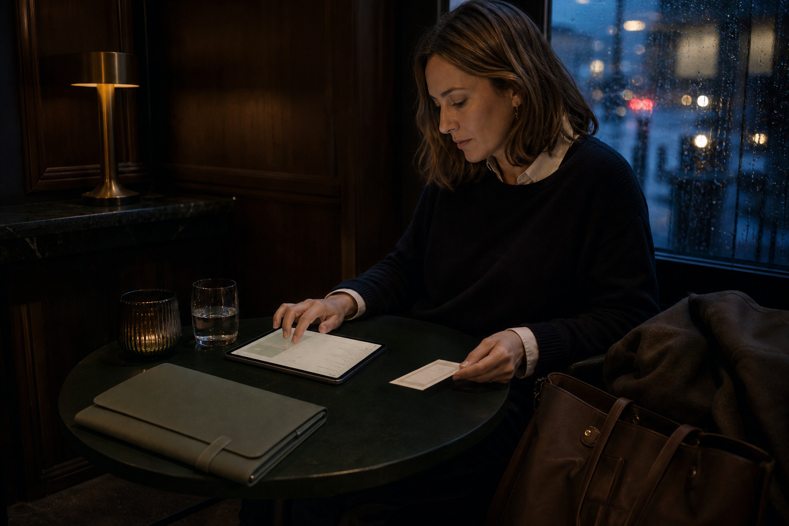 A consultant reviewing her rhythm edition in a high-end hotel between meetings