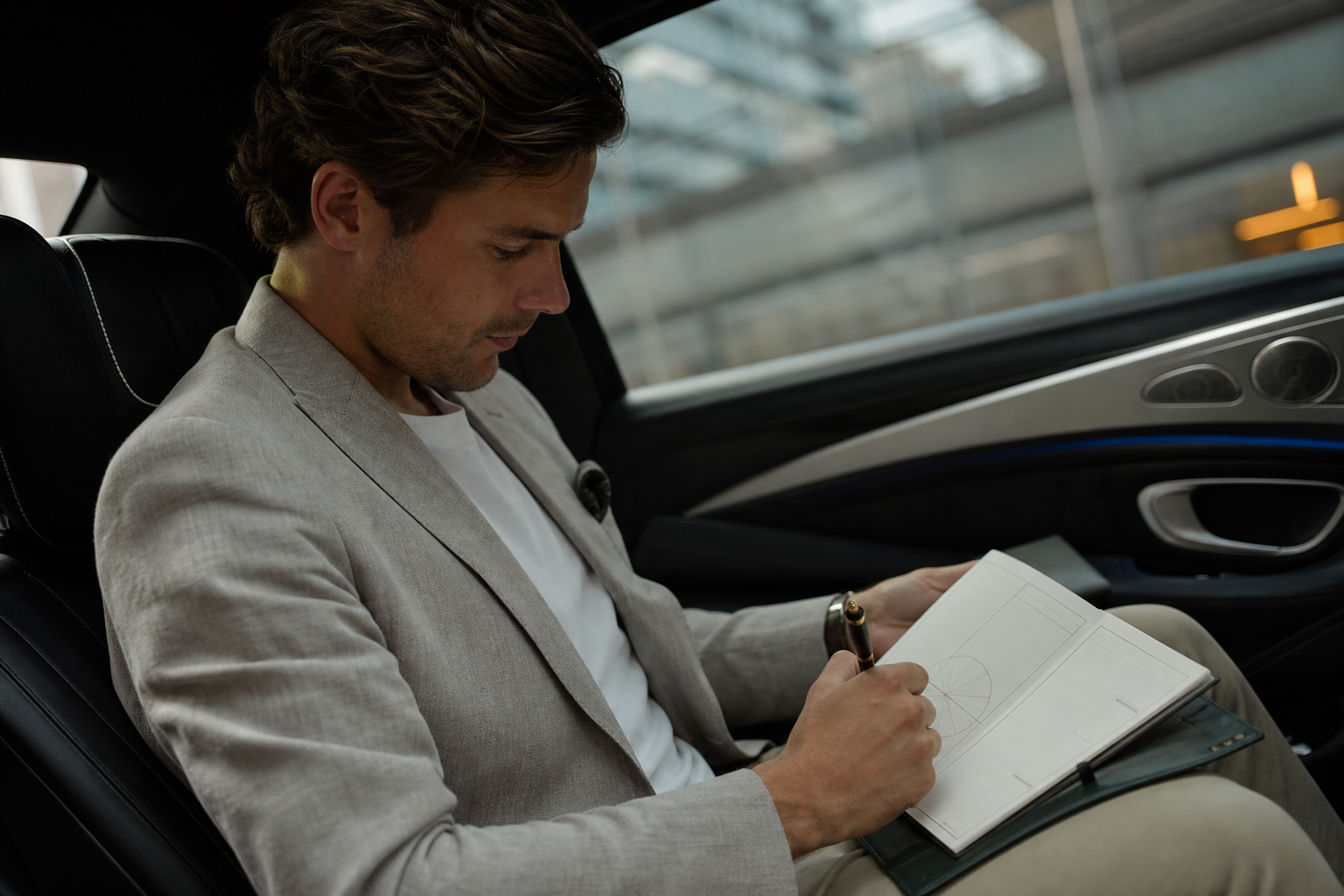 A male founder reflecting with his rhythm edition in the rear seat of a private car